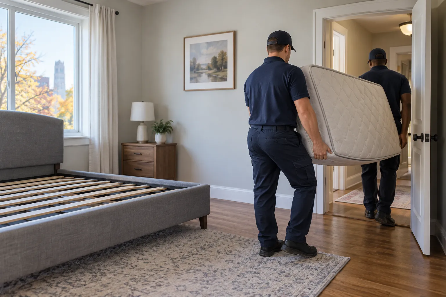 Workers carrying a mattress from a bedroom